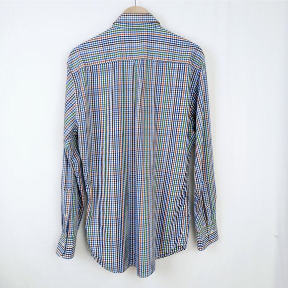 Peter Millar SZ L 100% Cotton Blue Orange Green White Check Button Down Shirt - Picture 7 of 7